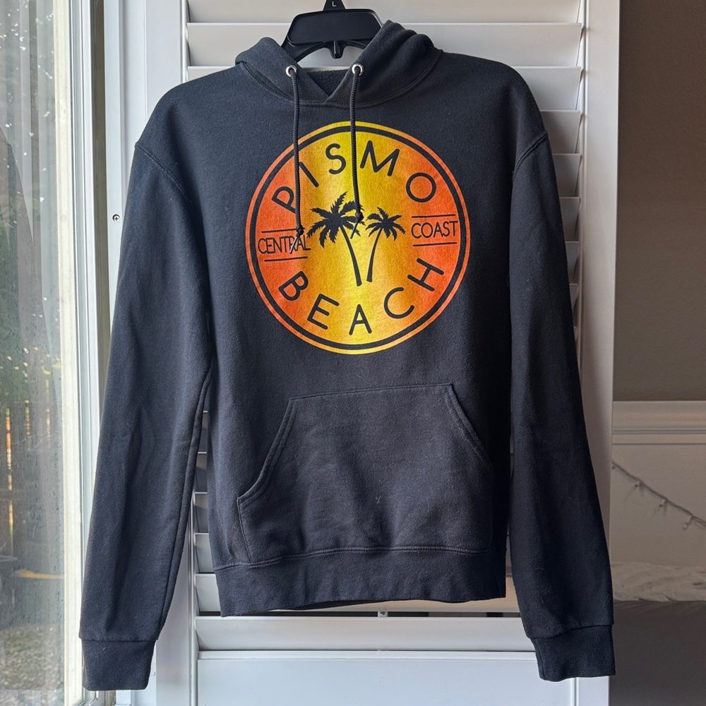 Black Pismo Beach Hoodie with Orange and Yellow Logo